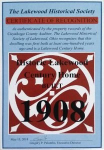 Lakewood Century Home Certificate